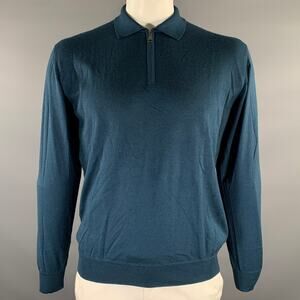 BRIONI Size XXL Blue Teal Knitted Cashmere Silk Quarter Zip Pullover